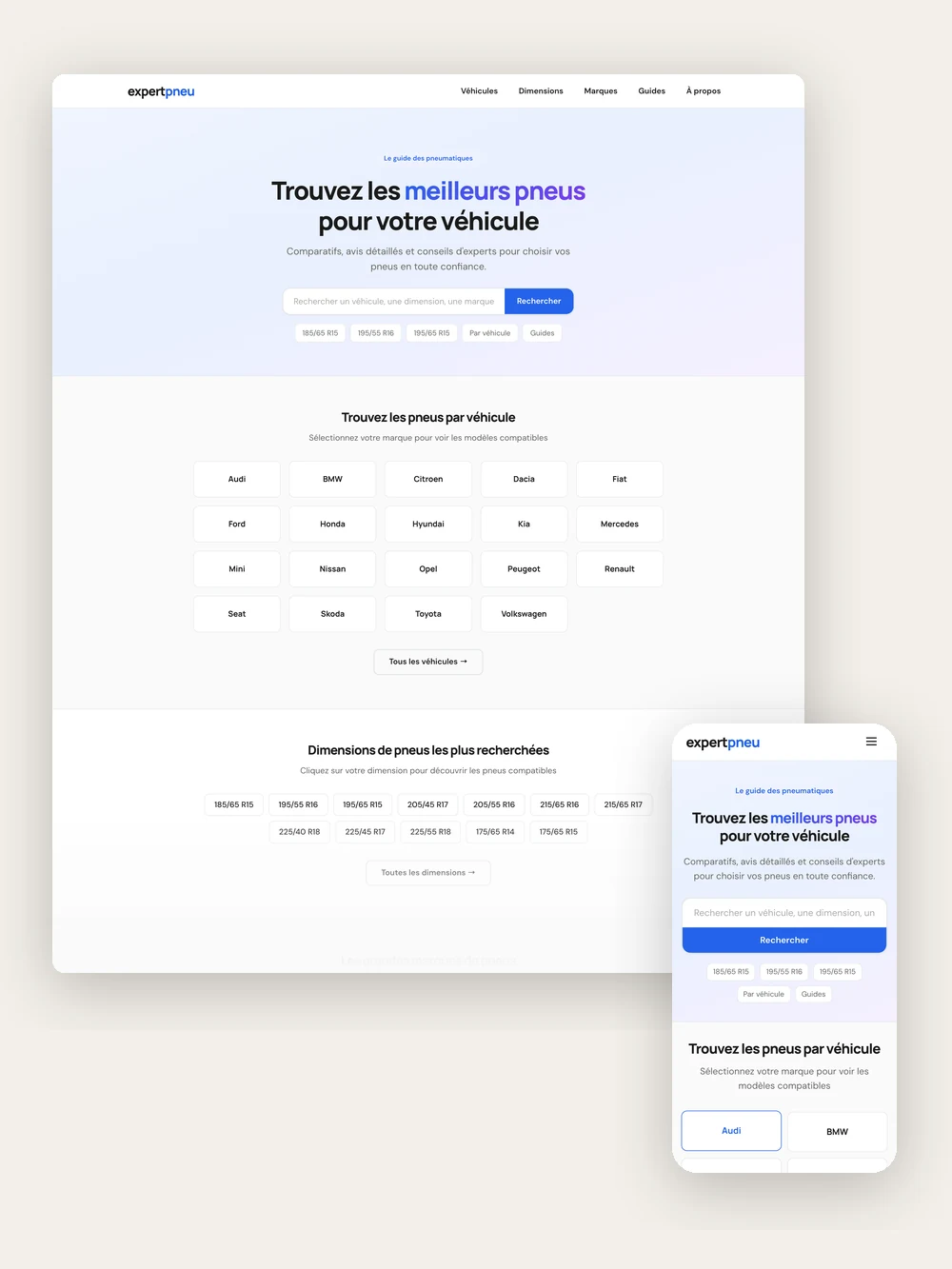 Le site Expertpneu.com, page d'accueil sur ordinateur et sur téléphone