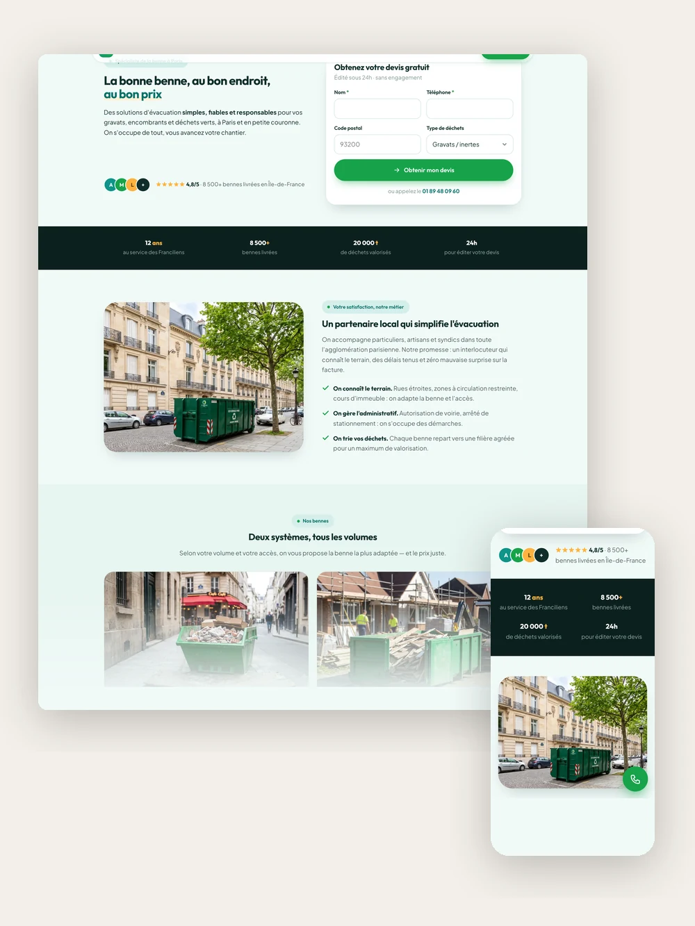 Le site location-de-benne-paris.fr, page d'accueil sur ordinateur et sur téléphone