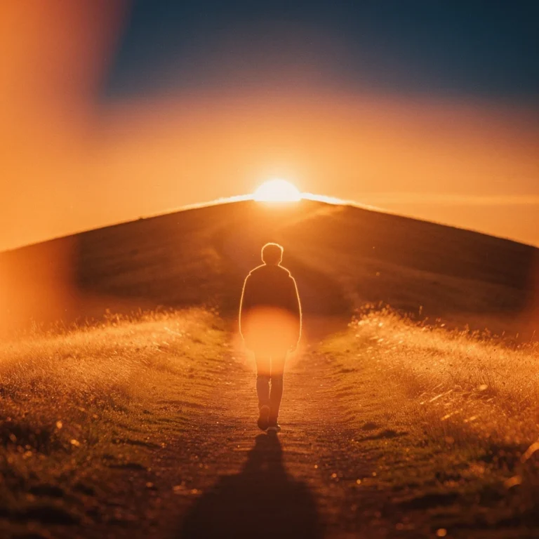 Une personne marche sur un chemin de terre vers le soleil qui se lève au sommet d’une colline
